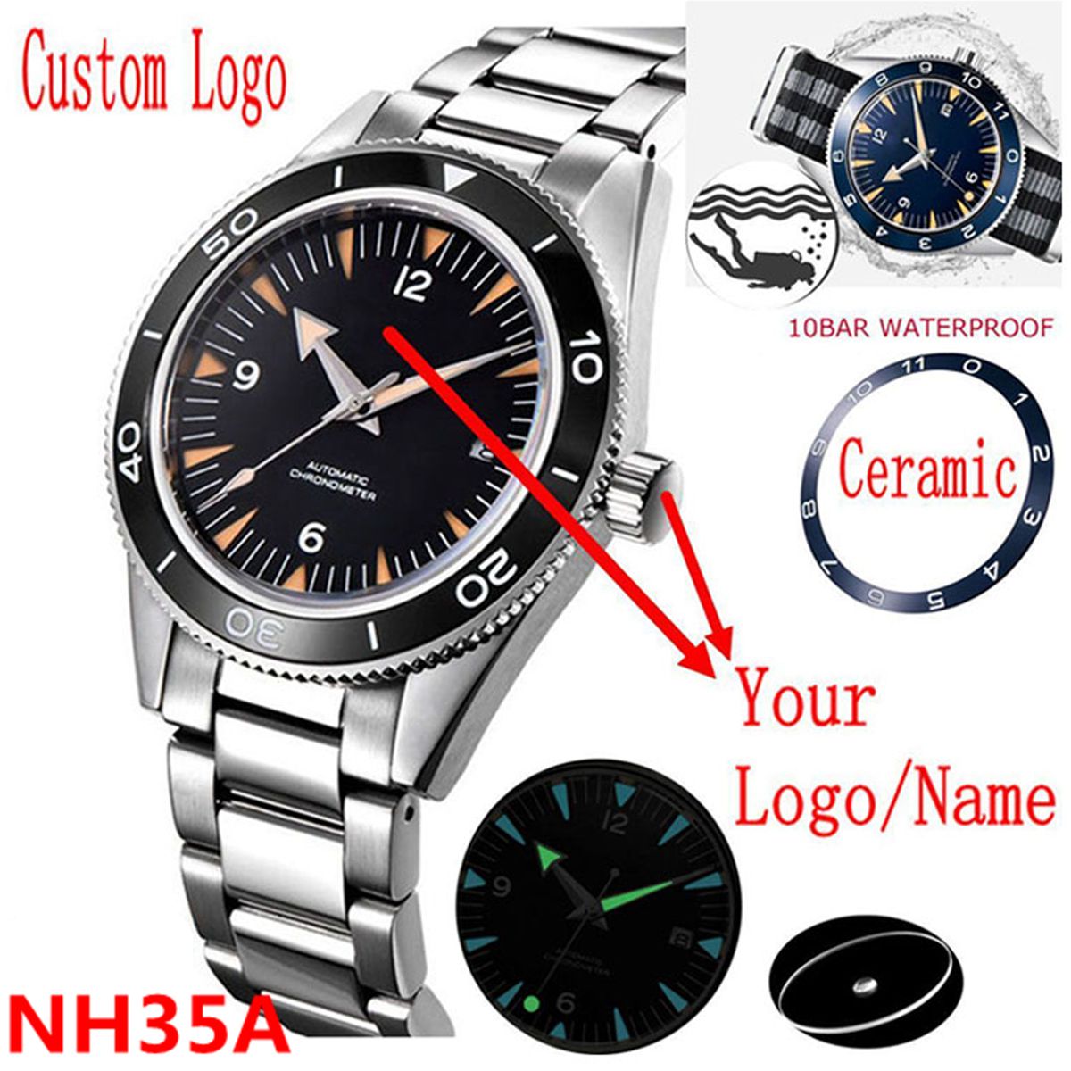 Seiko Watch Prospex - โลโก้ที่กําหนดเอง NH35 นาฬิกา 10 บาร์ Mens